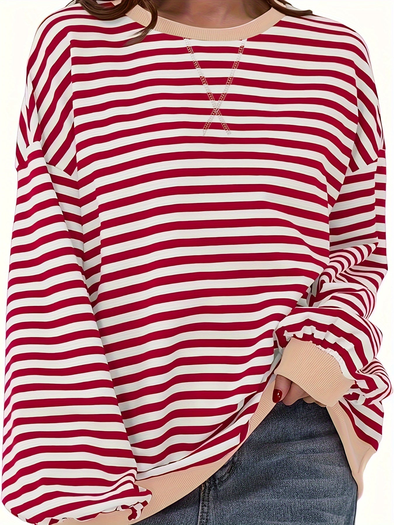 Cozy Striped Drop Shoulder Pullover Sweatshirt - Soft, Casual, Long Sleeve, Crew Neck, Fall & Winter Essential - Women's Comfortable Clothing for Chilly Days