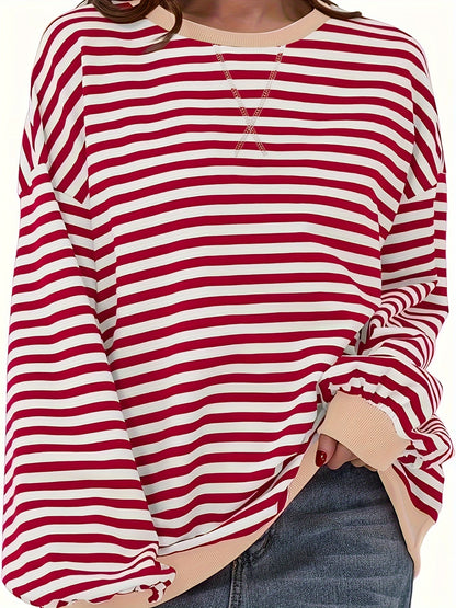 Cozy Striped Drop Shoulder Pullover Sweatshirt - Soft, Casual, Long Sleeve, Crew Neck, Fall & Winter Essential - Women's Comfortable Clothing for Chilly Days