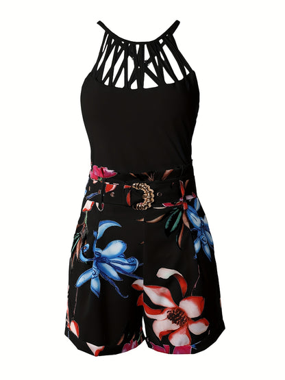 Casual Two-piece Set, Solid Cut Out Cross Back Top & Floral Print Belted Shorts, Women's Clothing