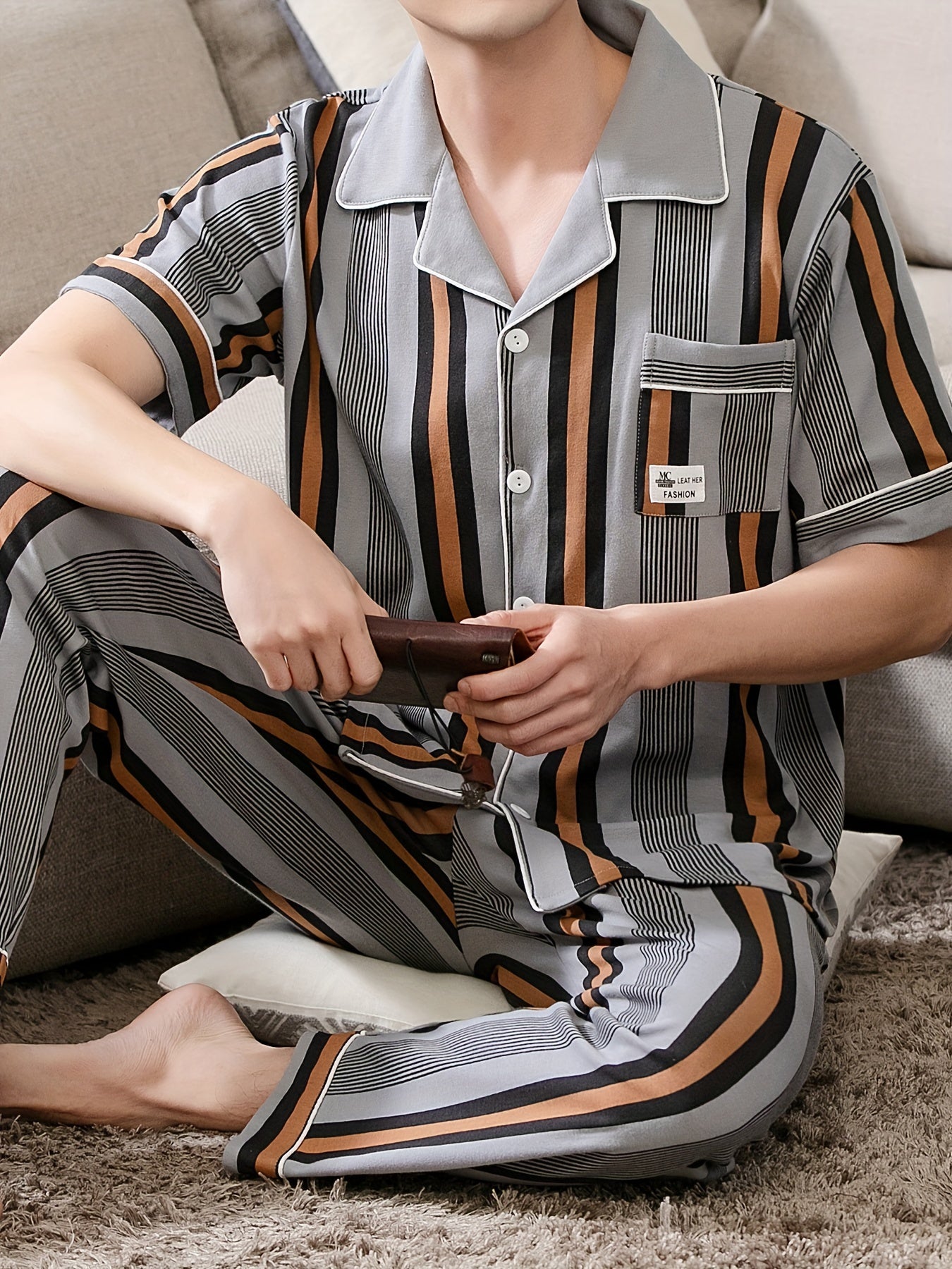 Large Size 2 Pcs Men's Cotton Stripe Print Short Sleeve & Trousers Pajama Set, Comfortable & Skin-friendly Style Pajamas For Men's Cozy Loungewear