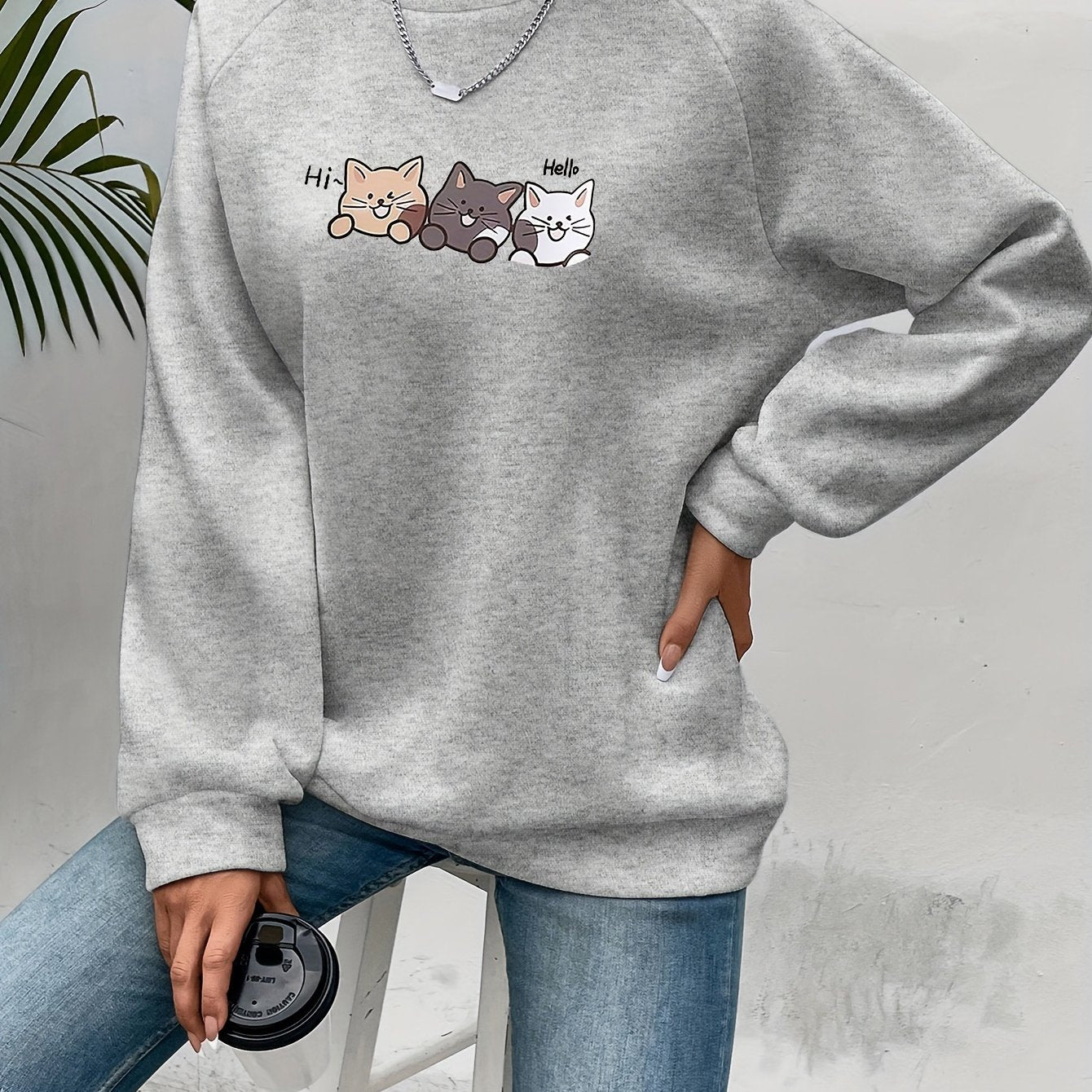 Cozy Fall/Winter Cat Print Sweatshirt - Easy-Care, Micro-Elastic, Casual Style for Women