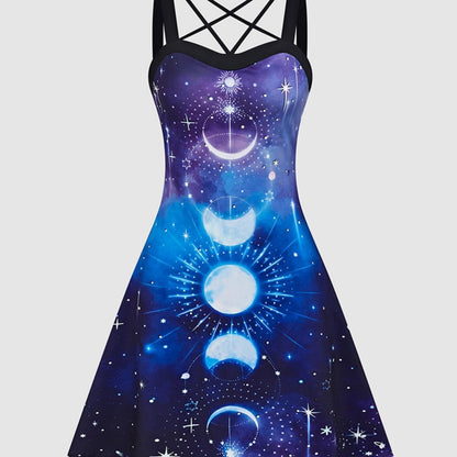 IKEARLAX Galaxy Cami Dress - Sleek and Chic Sleeveless Design, Flattering Crisscross Spaghetti Strap Accent, Perfect for Everyday Wear - Designed Exclusively for Women, Casual Print Dress for a Stylish You