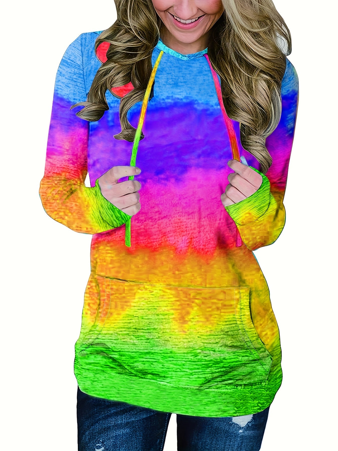 Ombre Kangaroo Pocket Hoodie, Casual Long Sleeve Drawstring Hoodies Sweatshirt, Women's Clothing