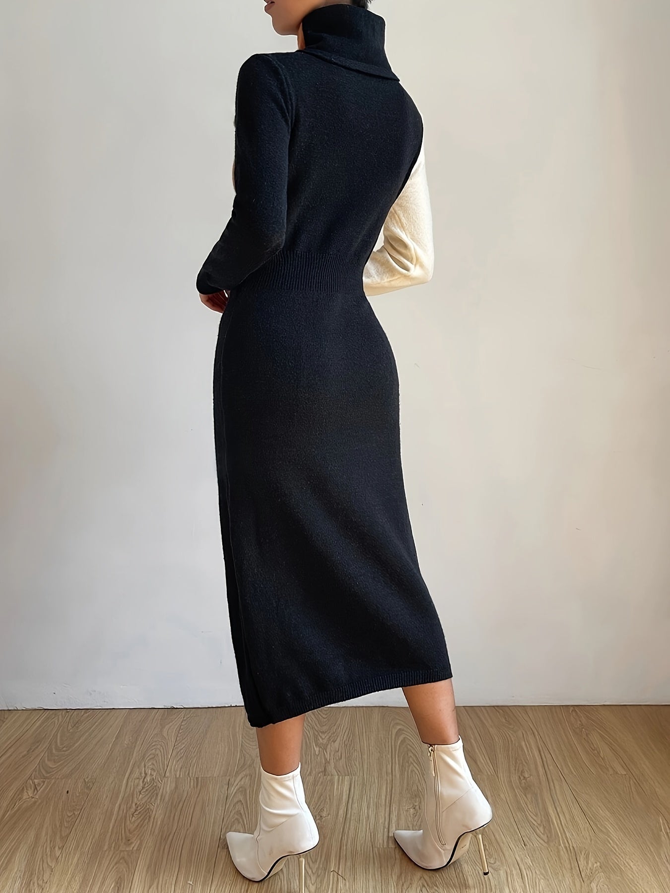 Vibrant Color Block Turtle Neck Knit Dress - Soft, Elegant, Simple, Long Sleeve, Slim Fit, Midi Length, Perfect for Spring & Fall - Women's Clothing for Everyday Wear