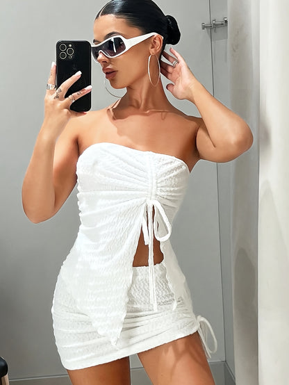 Women's Elegant Skirt Set - Solid Color, Drawstring Front Split Hem Asymmetric Tube Top, Drawstring Side Bodycon Mini Skirt Outfits with Chic Design