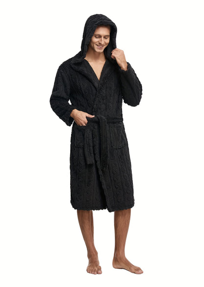 Men's Comfy Solid Fleece Robe Home Hooded Pajamas Wear With Pocket, One-piece Lace Up Kimono Night-robe Warm Sets After Bath