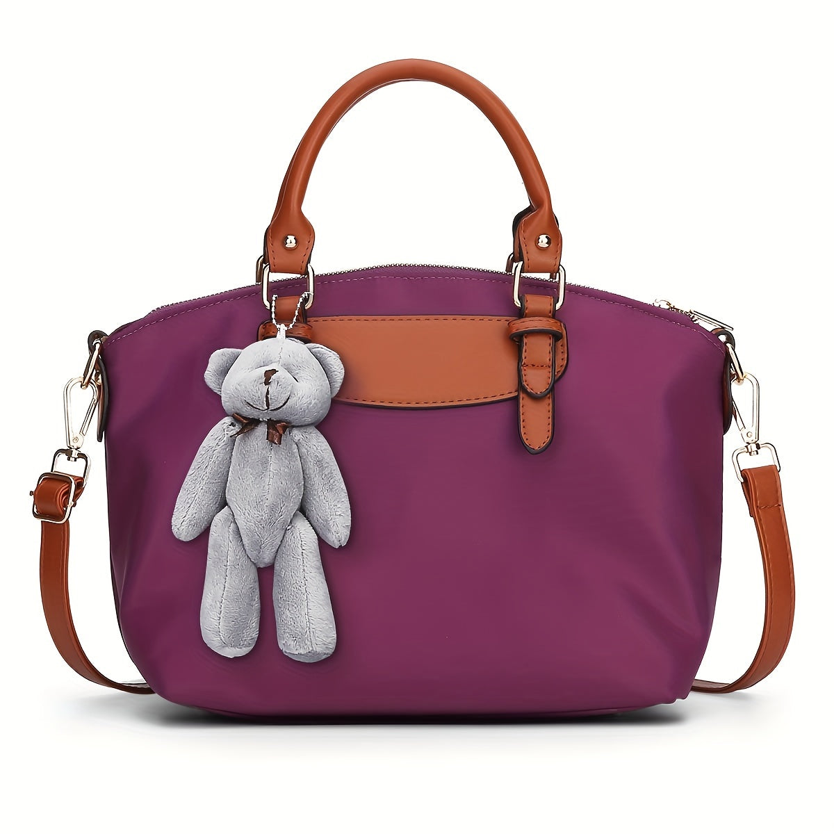 Classic Oxford Cloth Crossbody Bag for Women - Adjustable Strap Nylon Shoulder Purse with Bear Charm