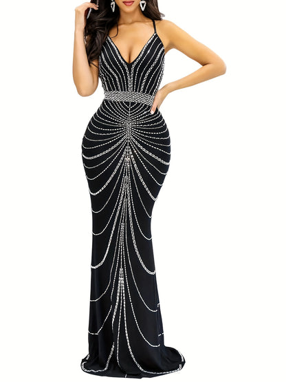 Elegant Backless Bodycon Dress - Rhinestone Accented Spaghetti Strap, Extra-Long Polyester Blend for Spring/Summer Chic