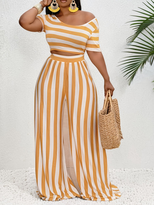 Two-Piece Striped Crop Top and Wide Leg Pants Set - Soft Mid-Elasticity Polyester Fabric, Scoop Neck, Short Sleeve, Random Printed, Casual Outfit for Spring/Summer