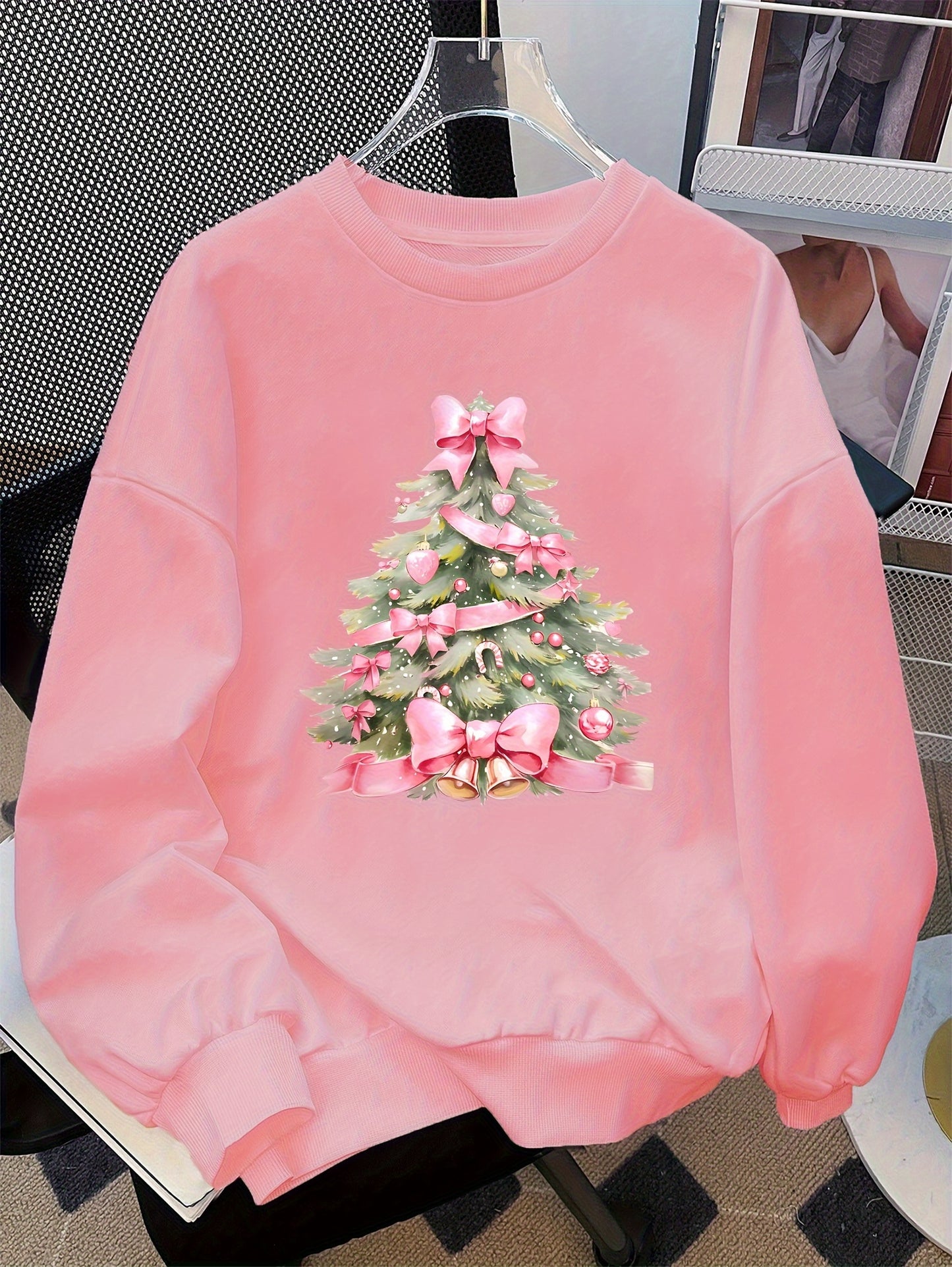 Regular Fit Machine Washable Christmas Tree Print Girl's Casual Long Sleeve Crew Neck Sweatshirt