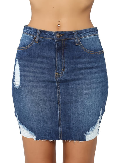 Mid Stretch Slim Fit Raw Cut Denim Mini Skirt - Ripped Holes, Fashionable, Comfortable, Versatile - Womens Denim Clothing, Summer Essential, Casual Wear