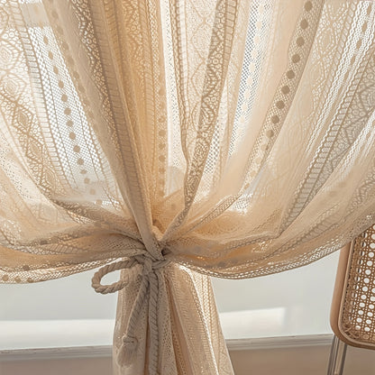 1-Panel Japanese Style Hollow Striped Sheer Curtain - Exquisite Crochet Style Argyle Pattern Design with Delicate Textures, Rod Pocket Curtain for Easy Installation and Smooth Sliding, Simple yet Elegant Design - Perfect for Adding a Touch of Elegance to