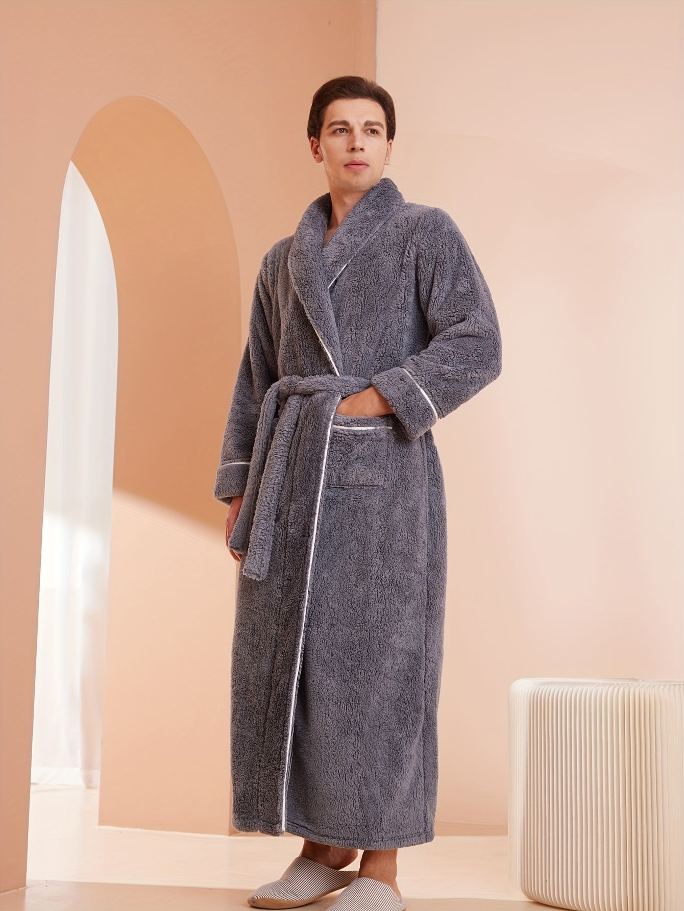 Cozy Fleece Bathrobe for Men - Soft, Thick & Warm Pajama Robe with V-Neck, Perfect for Fall/Winter | Machine Washable