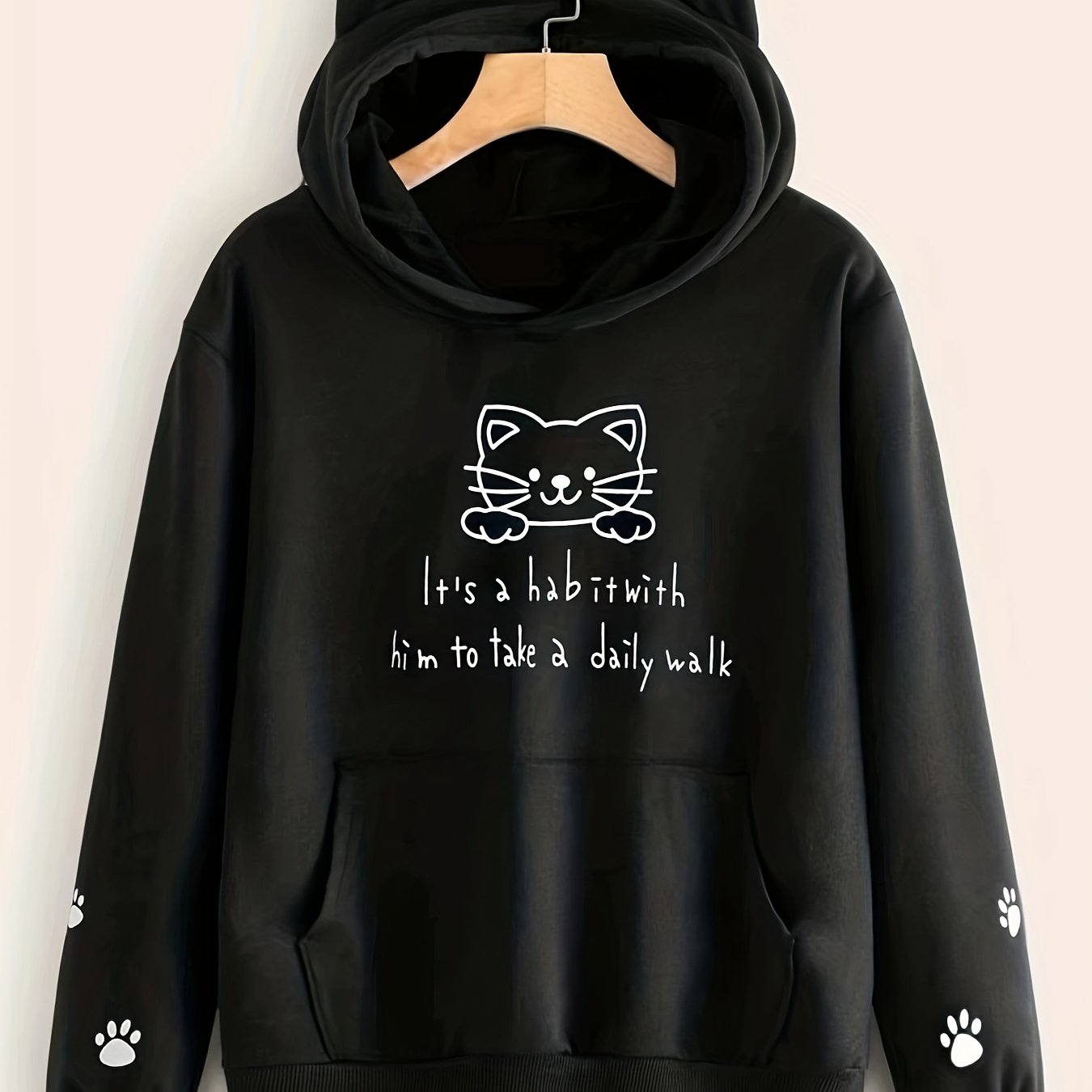 Cute Cat & Letter Print Hoodie, Casual Long Sleeve Kangaroo Pocket Hoodies Sweatshirt, Women's Clothing