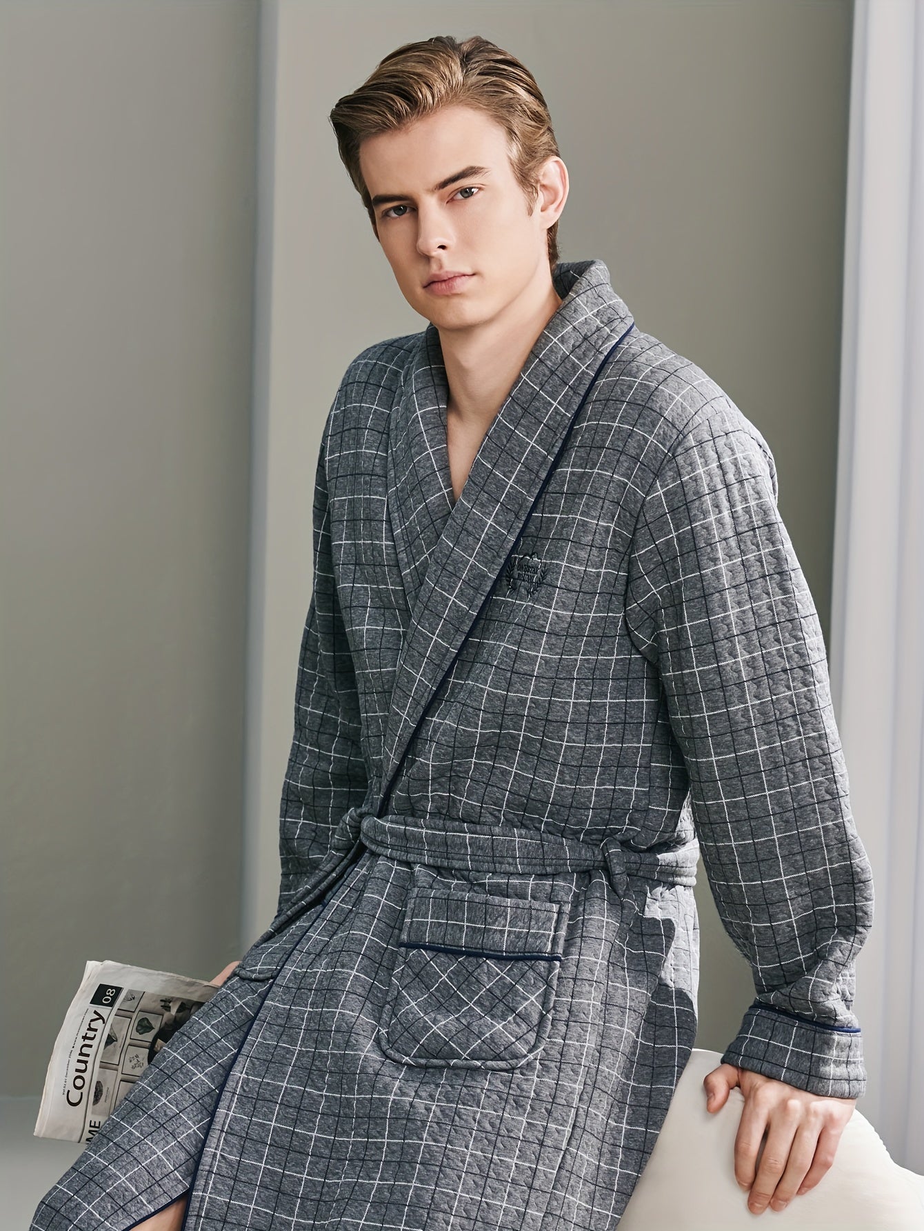 FARO Men's Winter Sleepwear Set: Cozy Cotton V-Neck Bathrobe with Letter Embroidery and Long Sleeves