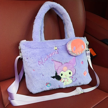 Fluffy Faux Fur Cartoon Anime Handbag - HelloKitty, Cinnamoroll & Kuromi Plush Crossbody Bag - Adorable, Soft & Versatile Shoulder Bag for Fashionistas