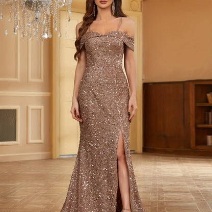 Long Sequined Off the Shoulder Bodycon Dress - Elegant Solid Color Floor Length Party Dress with Micro Elasticity - Perfect for Wedding, Occasion, Engagement, Ceremony, and Evening Events