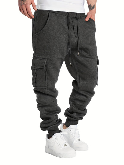 Men's Fleece Cargo Jogger Pants - Soft, Warm, Loose-Fit, Flap Pocket, Drawstring Waist, Trendy Design, Perfect for Winter Work and Casual Wear