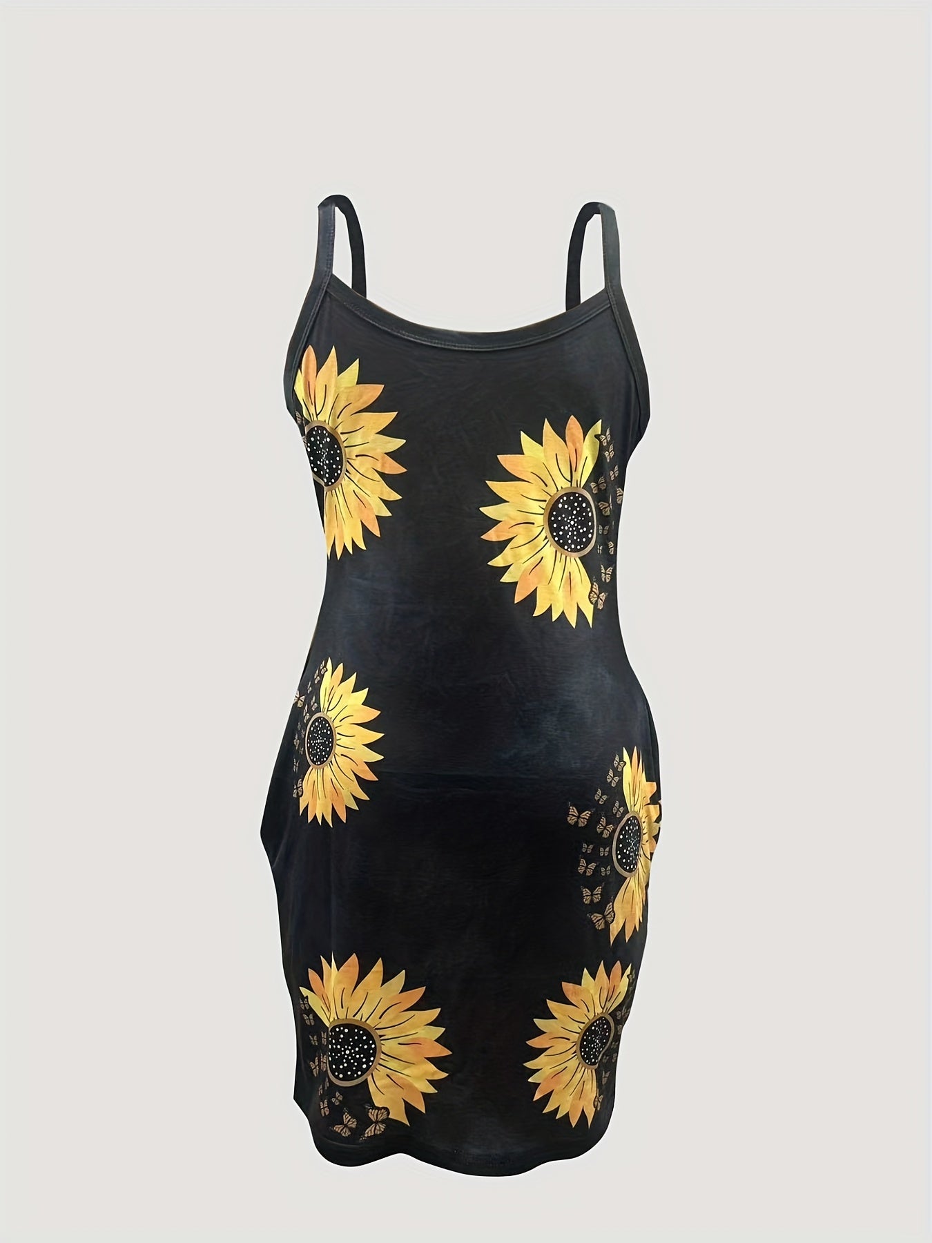 IKEARLAX Sunflower Print Zipper Front Spaghetti Dress, Casual Sleeveless Dress For Summer, Women's Clothing