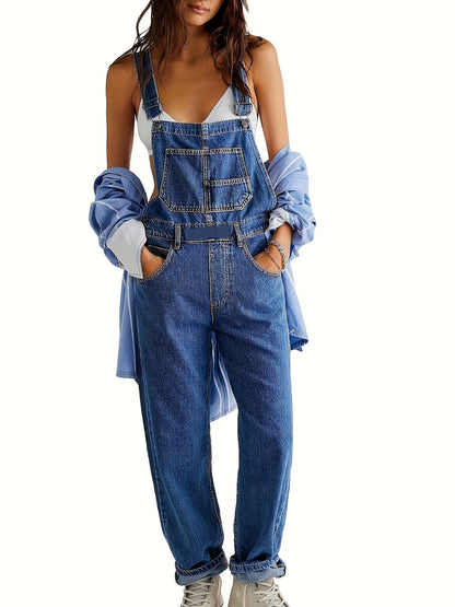 Elegant Women's Denim Overalls with Geometric Pattern - Cotton Blend, Machine Washable