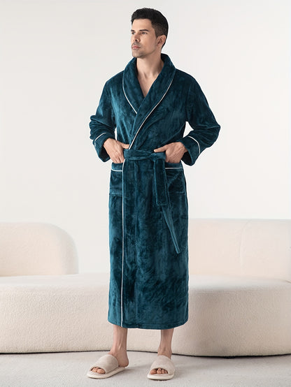 Polyester Flannel Couples Bathrobe Set - Comfortable V-Neck Long-Sleeve Loungewear for Men and Women, Warm Plush Robe for Fall/Winter, Solid Color Knit Fabric with No Detail, Regular Fit