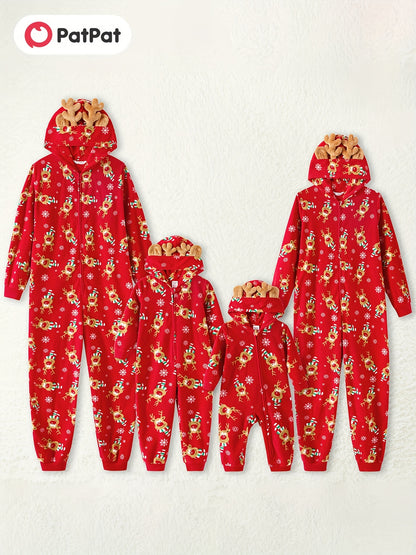 3D Antler Hooded Long Sleeve Red Thickened Polar Fleece PatPat Christmas Party Family Matching Onesies Sets for Winter Outdoors with Adorable Allover Deer Print