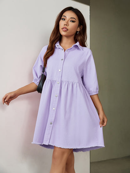 Women's Plain Denim Dress Casual Elastic Short Sleeve With Frayed Hem And Button Front