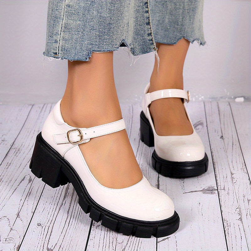 Women's Chunky Heel shoes, Solid Color Round Toe Buckle Strap Shoes, Versatile Dress Mid Heels