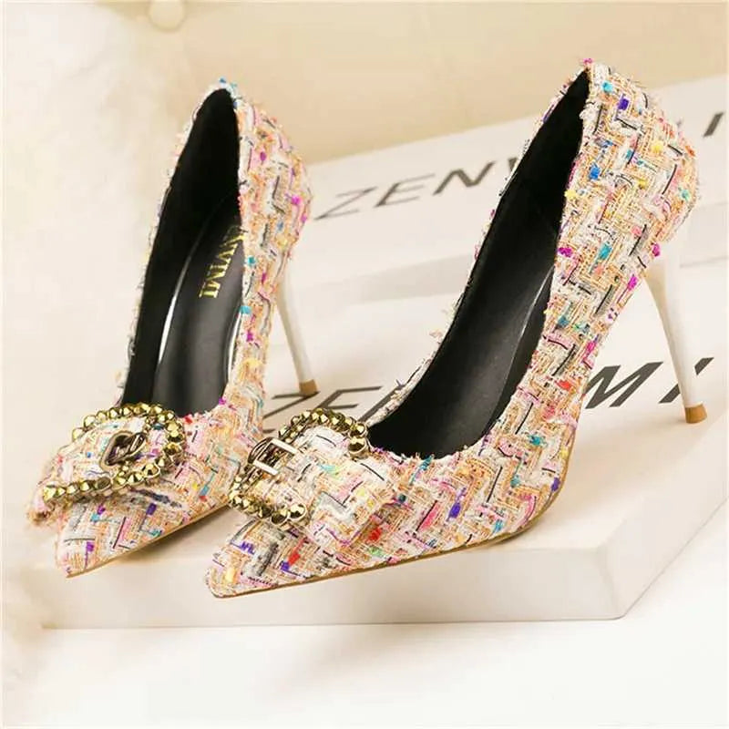 Dress Shoes Korean Mixed Colors Woolen Women Pumps New Elegant Crystal Metal Buckle Womens High Heel Shoes Autumn Shallow Dress Office ShoeL464