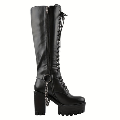 All-Season Women's Chunky Platform Heel Boots - Punk Style with Lace-Up, Side Zipper & Chain Accent