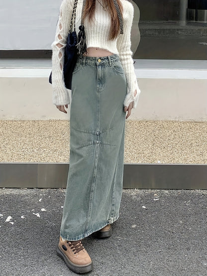 Letter Patched Split Back Denim Skirts, High Waist Washed Vintage Style Fashion Denim Skirts, Women's Denim Clothing