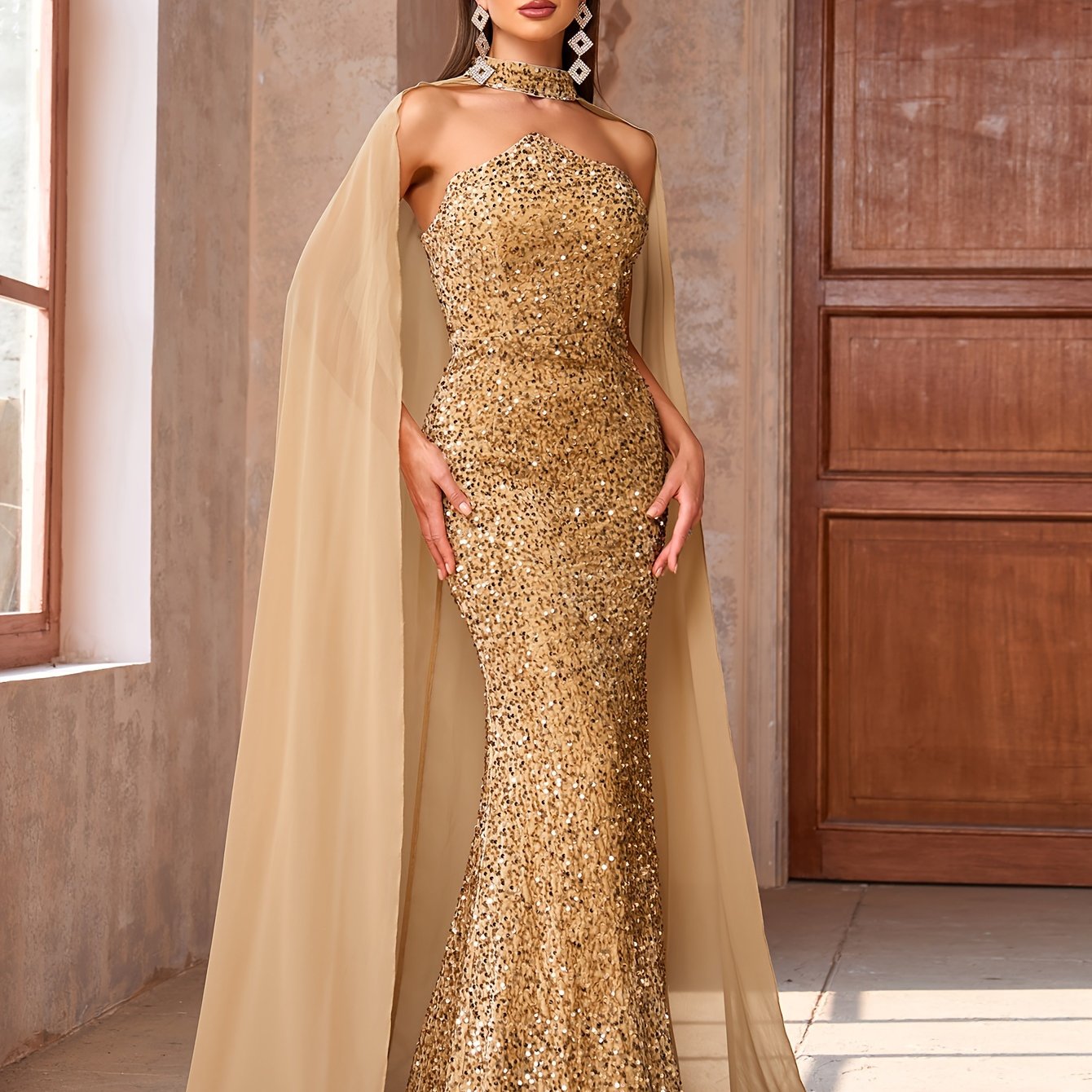 Long Sequin Mermaid Bodycon Dress - Elegant Strapless Backless Floor Length Cloak Panel Design, Micro Elasticity, Solid Color, Customized for Womens Party & Banquet