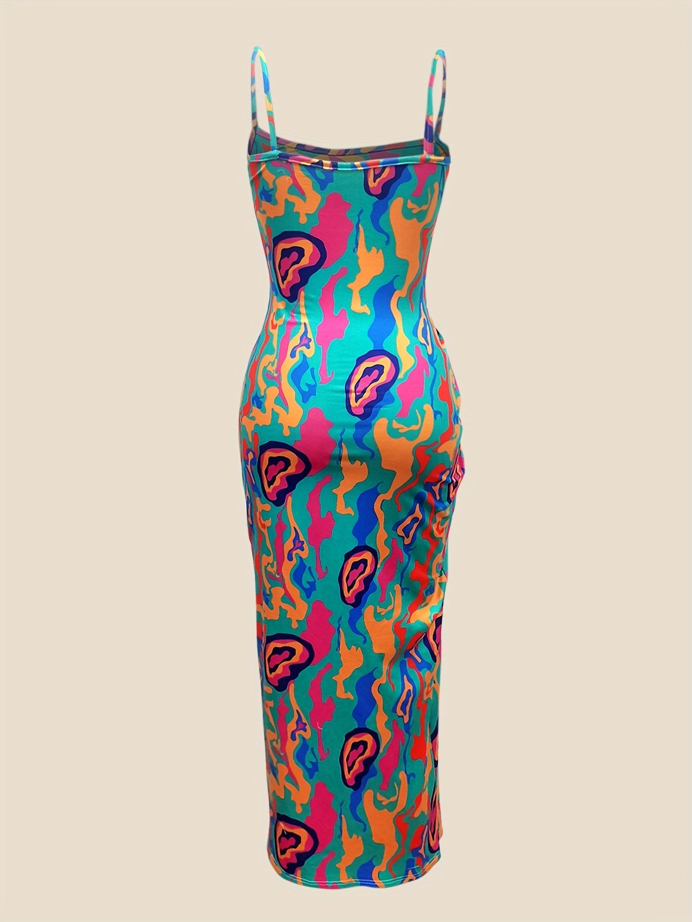 IKEARLAX Fashion-Forward Cami Dress with Vibrant Allover Print - Adjustable Spaghetti Straps, Bold Backless & Knotted Detail - Figure-Sculpting Bodycon for Trendy Womens Wear