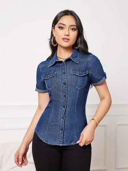 Classic Comfortable Solid Color Non-Stretch Denim Button Closure Short Sleeve Lapel Casual Top - Soft Woven Fabric, Relaxed Fit, Spring/Summer/Fall Essential - Womens Denim Jeans & Clothing