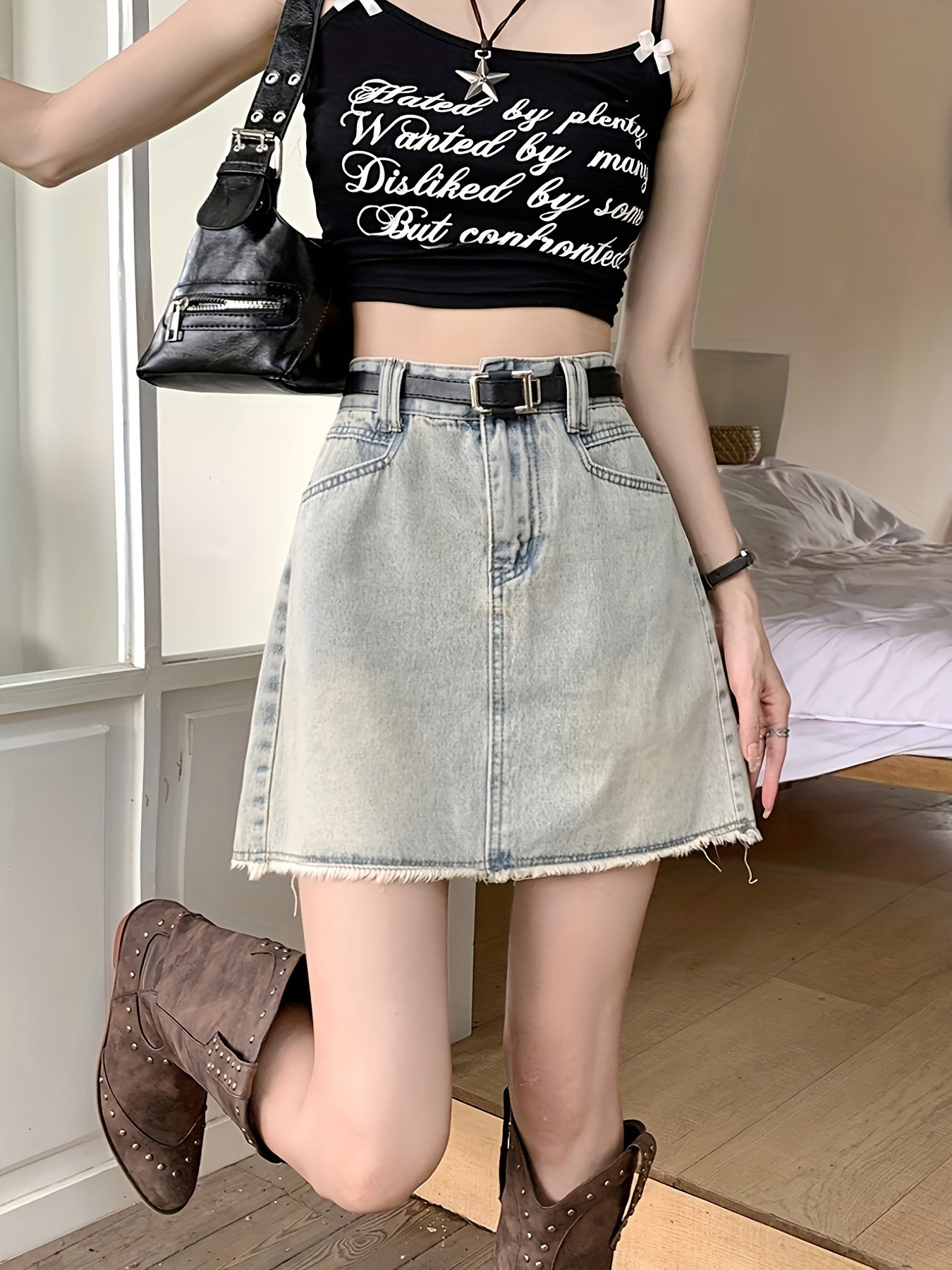 Raw Trim Vintage Denim Skirts, A-line High Waist Sexy Casual Denim Skirt With Pocket, Women's Denim Clothing