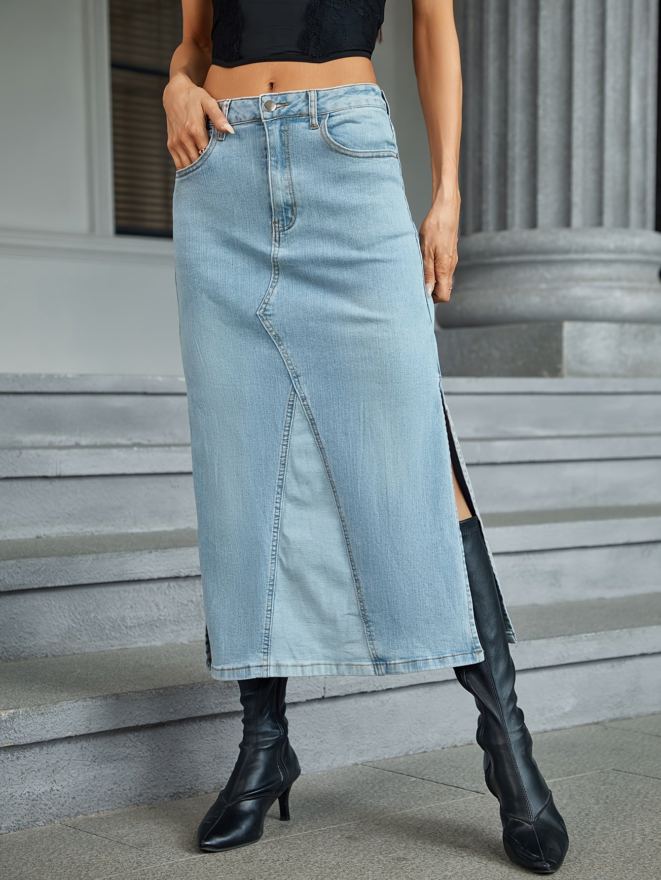 High Waist Split Denim Midi Skirt, Slant Pockets Versatile Denim Skirt, Women's Denim Clothing