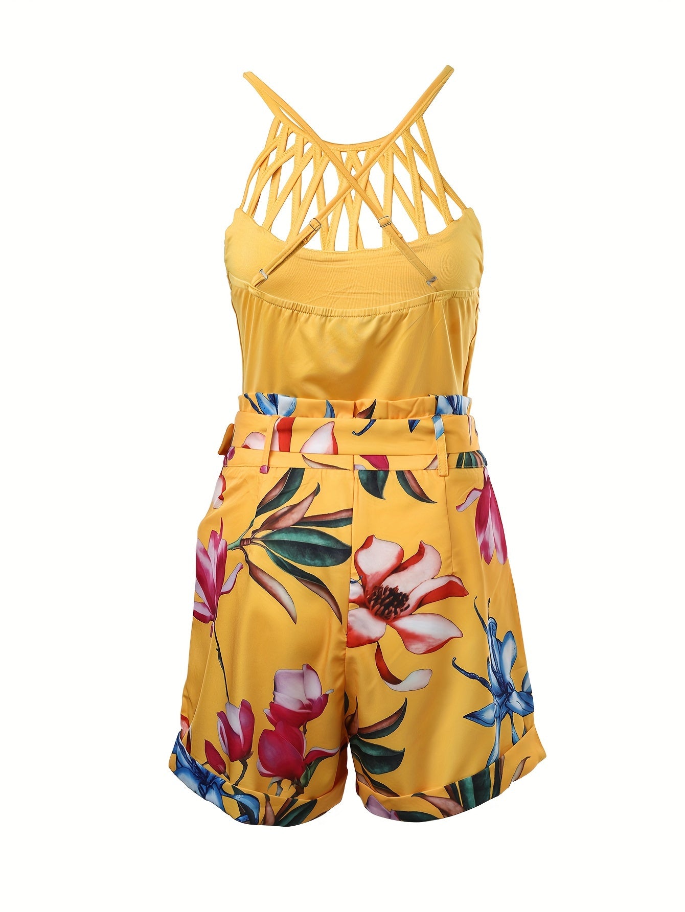 Casual Two-piece Set, Solid Cut Out Cross Back Top & Floral Print Belted Shorts, Women's Clothing