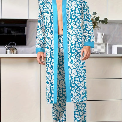 Elegant Men's Sky Blue Suit - Super-stylish Gorgeous Floral Print V-neck Long Sleeve Robe & Trousers, Must-have Nightgown Set For Daily Wearing