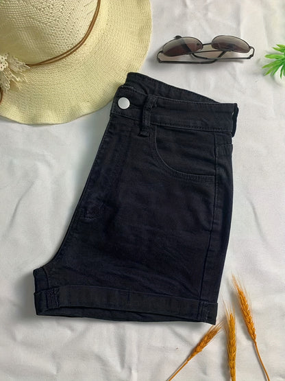 Chic Woven Denim Shorts - Stretchy High-Waist Zip & Cuffed Hem, Machine Washable Sexy Summer Essentials for Women