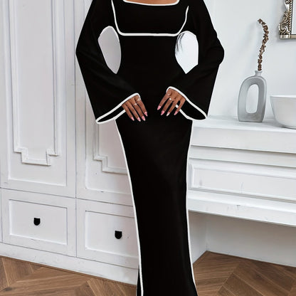 Stunning Elegant Square Neck Long Sleeve Dress - Women's Clothing, Contrast Trim Split Hem Dress with Flattering Fit, Chic Design, and Comfortable Wear - Perfect for Formal Occasions and Everyday Wear