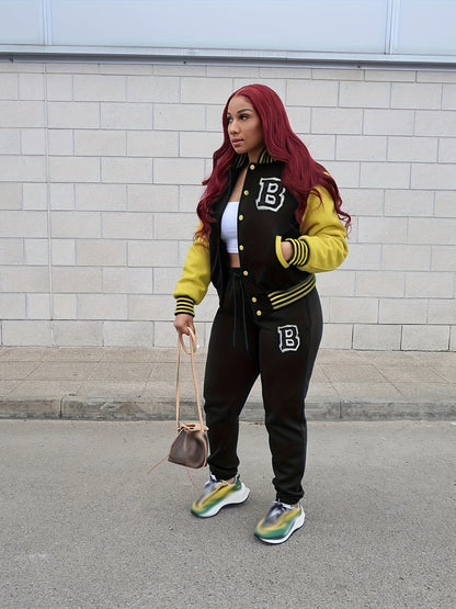 Fashionable Womens Two-Piece Set - Letter Pattern Varsity Jacket with Button Front & Drawstring Jogger Pants - Casual, Comfortable, and Versatile Outfit