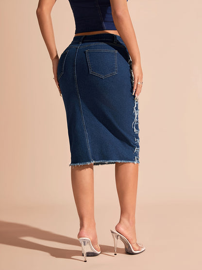 Midi Length Women's High Stretch Denim Pencil Skirt - Frayed Hem, Button Detail, Solid Color, Regular Fit, Mid Waist, Woven Fabric, Perfect for Spring/Summer/Fall