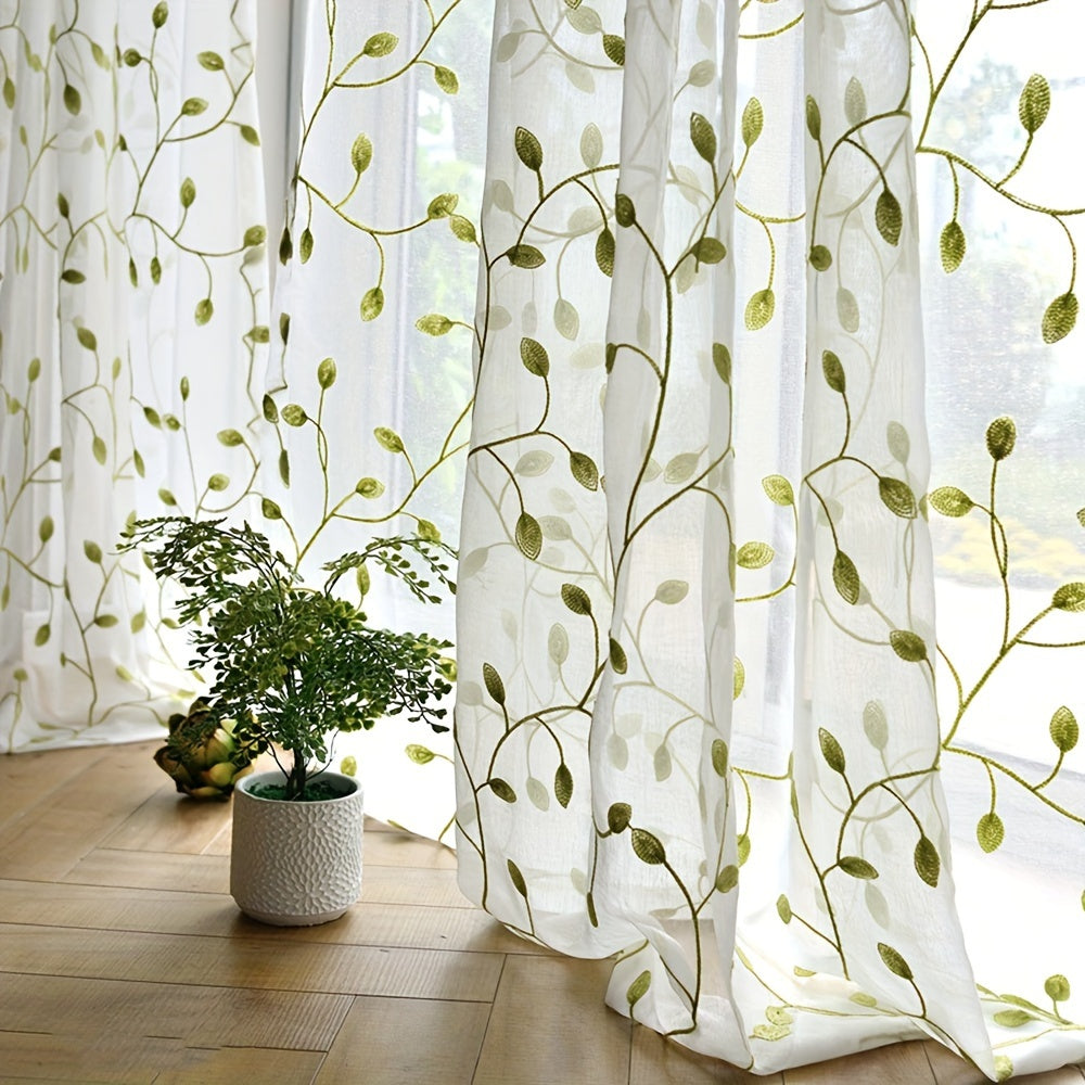 1pc Green Leaf Embroidered Sheer Curtain - Breathable Rustic Voile Panel for Bedroom, Kitchen, Balcony, Living Room, and Home Decoration with Elegant Embroidery Design