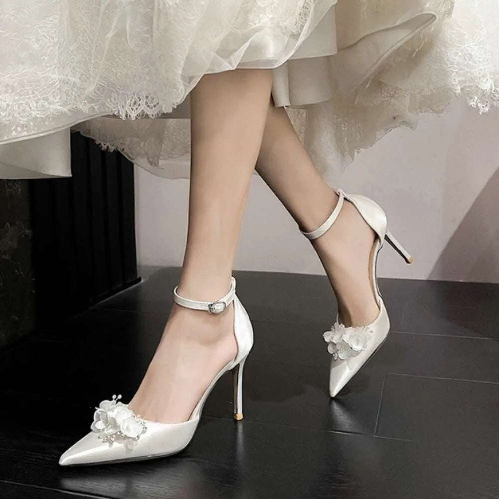 Women New Satin White Flower High Heels Wedding Bridal Shoes Fashion Pumps Kq8