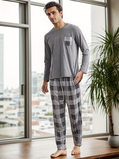 2 Pcs Men's Simple Plaid Pocket Round Neck Long Sleeve & Plaid Trousers Casual Pajama Set, Comfortable & Skin-friendly Style Pajamas For Men's Cozy Loungewear