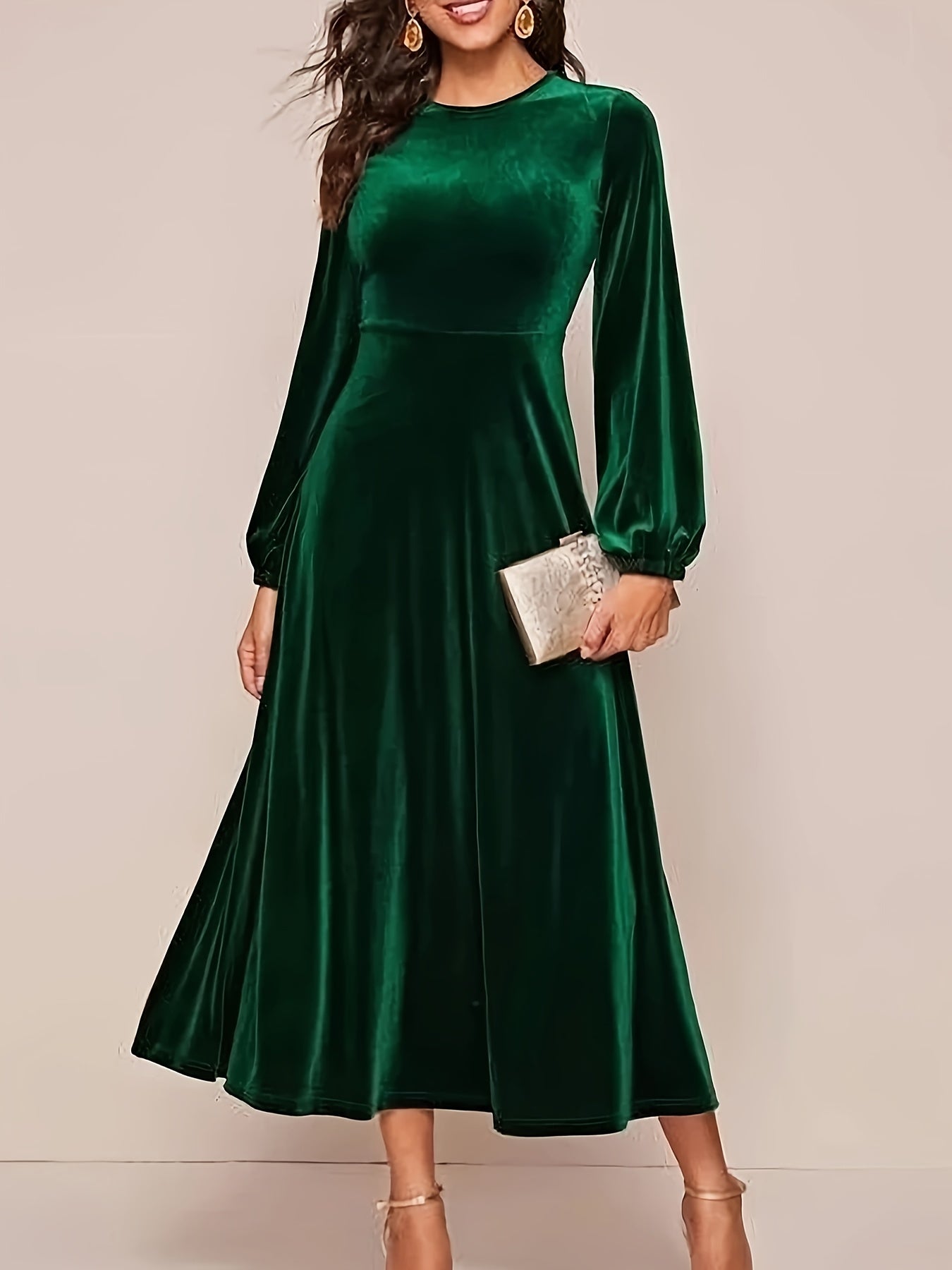 Stylish Crew Neck A-Line Long Sleeve Dress - Elegant Women's Dresses for Spring & Fall Seasons - Comfortable, Flattering, and Versatile Clothing for Various Occasions