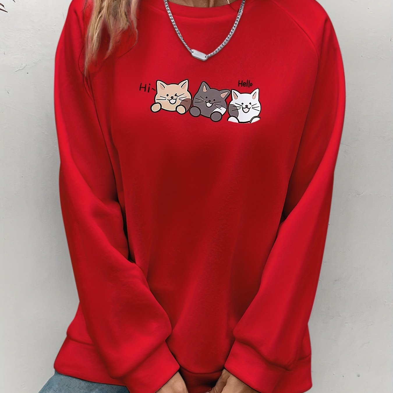 Cozy Fall/Winter Cat Print Sweatshirt - Easy-Care, Micro-Elastic, Casual Style for Women