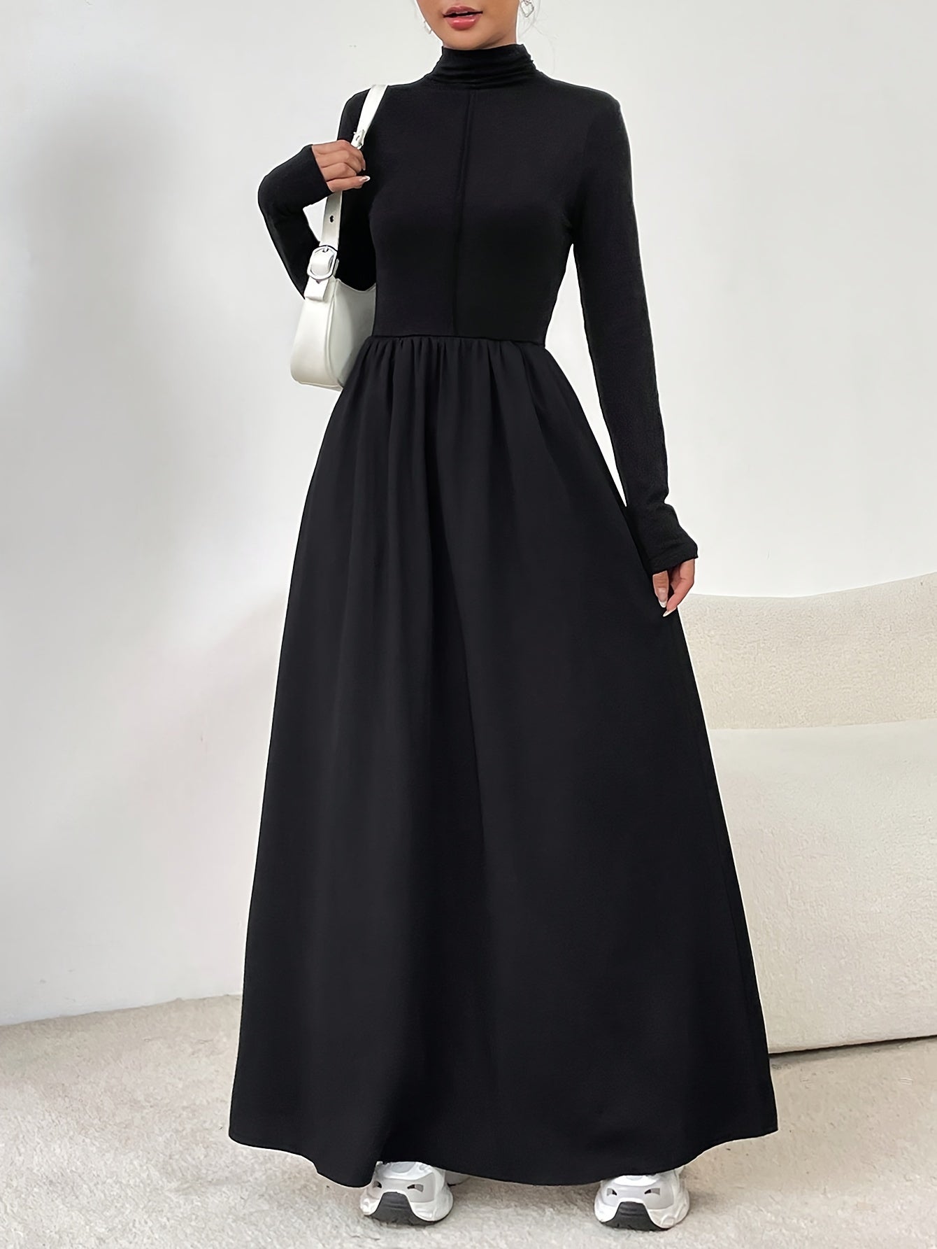 Stunning Cinched Waist Maxi Dress - Elegant Long Sleeve, A-Line Silhouette, Mock Neck Design, Perfect for Spring & Fall, Women's Clothing for Chic Occasions