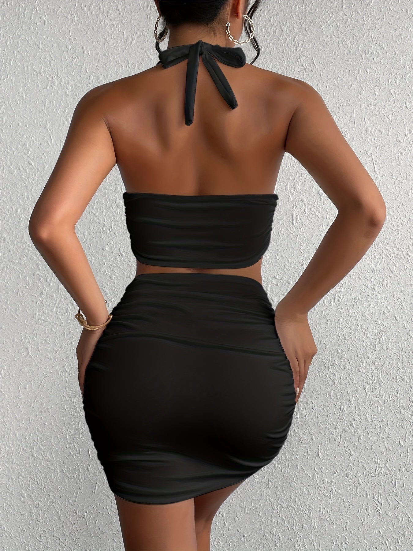 All-Season Sexy Backless Halter Top & Ruched Skirt Set - Stretchy, Non-Sheer, Easy-Care Women's Fashion Outfit