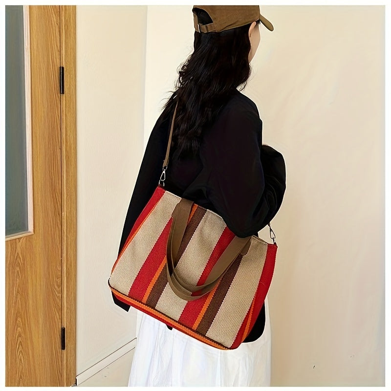 Striped Large Capacity Women's Bag New Style Fashion Commuting Casual Stylish Hand-held Tote Shoulder Messenger Bag Simple Top Handle Bag Ladies Nylon Handbag Casual Women's Large Shopping Bag